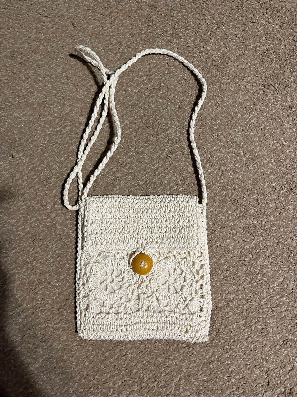 Handcrafted Cream Crochet Crossbody Bag with Button Closure